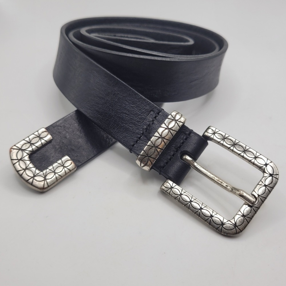 Officina Belts Belt Lg Black Leather Engraved Silver Western Boho Cowgirl Italy